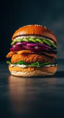 Crispy chicken burger with fresh vegetables on dark background