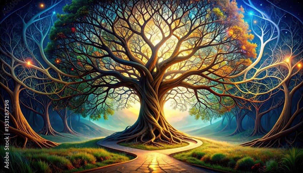 Poster abstract visualization of branching pathways and interconnected ideas