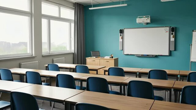 A modern classroom with turquoise walls and arranged desks.