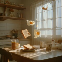 Floating breakfast: eggs and toast levitating in a sunlit vintage kitchen.