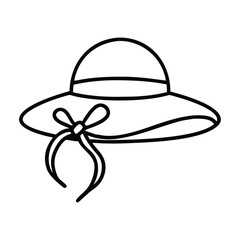 Elegant Black and White Line Drawing of Wide-Brimmed Hat with Decorative Ribbon and Bow Detailing