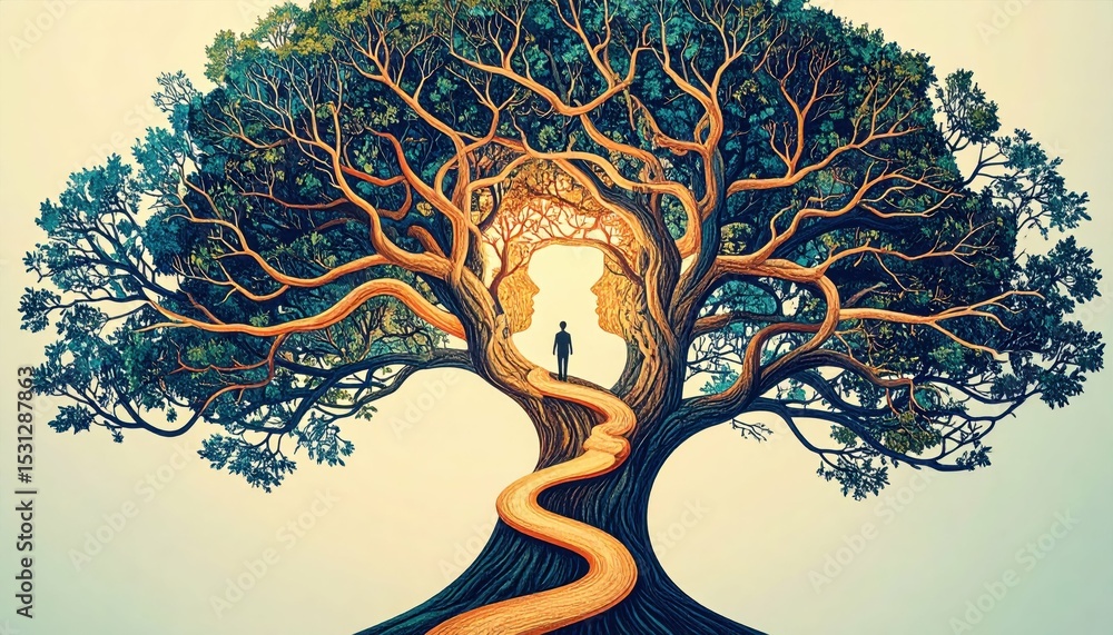 Poster abstract tree pathway visualizing thoughts and ideas in branches