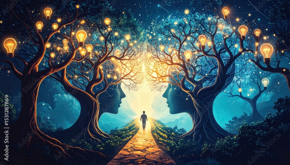 Poster abstract pathway visualizing thoughts and ideas with branching trees