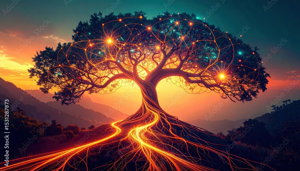 Poster abstract visualization of interconnected thoughts and ideas pathway