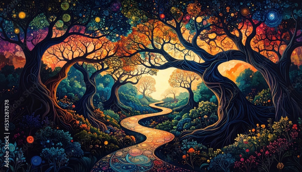Poster abstract branching pathway visualizing thoughts and ideas in nature