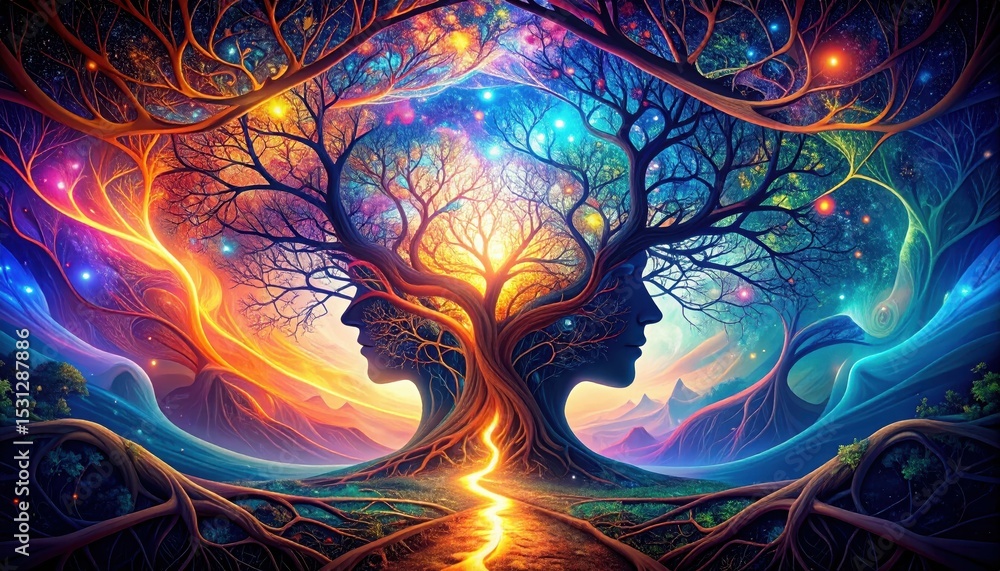 Poster abstract visualization of interconnected thoughts and ideas pathway