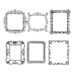 Hand Drawn Black and White Decorative Frames in Two Rows, Featuring Scalloped and Ornate Designs. 