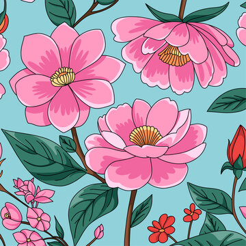 Seamless Floral Pattern with Leaves, Pink Peonies and Red Roses on a Light Blue Background