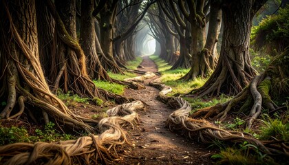 Fototapeta premium Eerie Pathway Woven with Human Hair Surrounded by Mysterious Trees