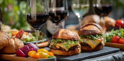 Gourmet Burgers With Cheese And Salad Served With Wine Glasses Outdoor