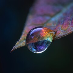 Water droplet reflecting colors on a leaf, showcasing nature's beauty.