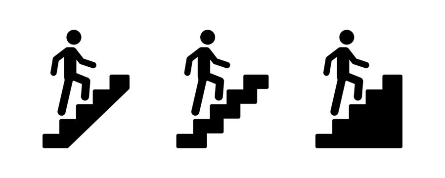 Stairs icon. Walking up staircase or stairs sign. Man climbs the stairs. Climb up stairs sign