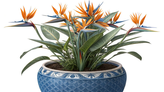 Photo of vibrant bird of paradise flowers in a blue patterned pot, isolated on white background