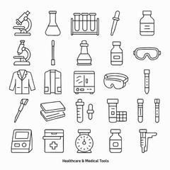 Laboratory Equipment and Science Tools Line Icon Set