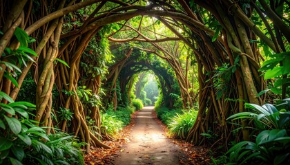 Obraz premium Woven Vines Forming Natural Tunnel Pathway Through Dense Jungle
