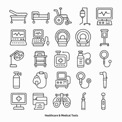 Hospital Equipment and Medical Devices Line Icon Set