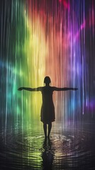 Silhouette in Rainbow Rain: Embracing Colorful Waters, Freedom, Serenity