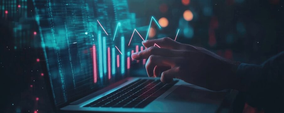 A person interacts with glowing financial data on a laptop