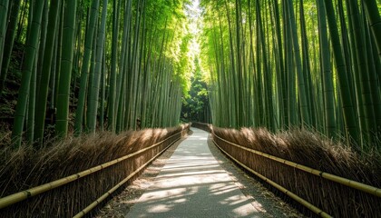 Fototapeta premium Serene Pathway Through Dense Bamboo Forest with Sunlight Patterns