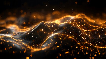 Abstract gold particles waves on black background