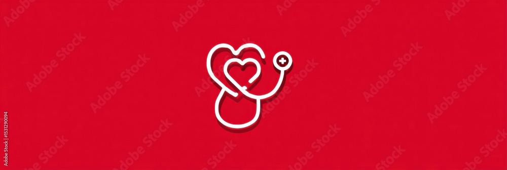 Poster stethoscope wrapped around heart icon glowing on a red background with space for text above