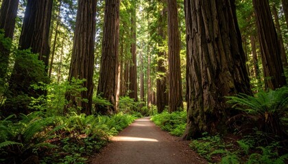 Fototapeta premium Serene Pathway Through Dense Forest of Towering Ancient Redwoods