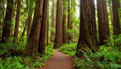 Obraz premium Breathtaking Pathway Through Dense Forest of Ancient Redwoods
