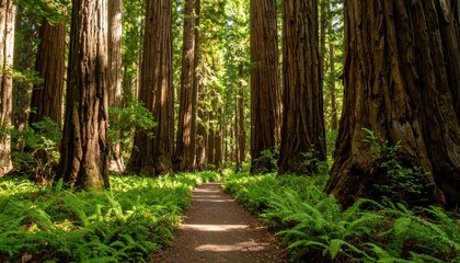 Fototapeta premium Pathway Through Dense Forest of Ancient Redwoods and Towering Trees