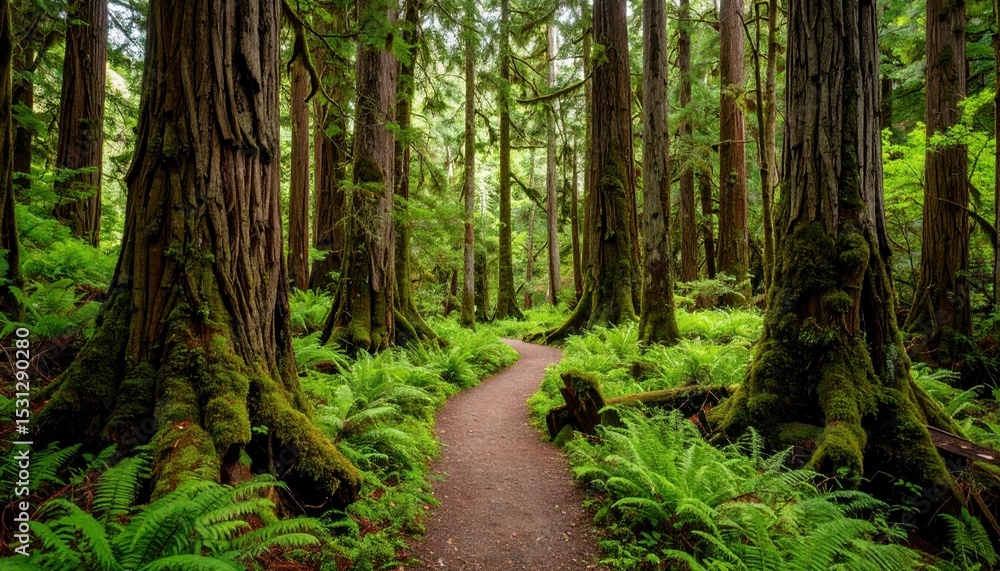 Poster serene pathway through a dense forest of ancient trees and ferns