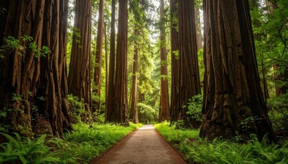 Majestic Pathway Through Dense Forest of Ancient Towering Redwoods