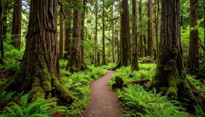Obraz premium Serene Pathway Through a Dense Forest of Ancient Trees and Ferns