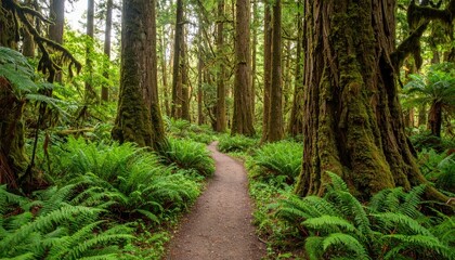 Obraz premium Lush Pathway Through Dense Forest of Giant Ferns and Ancient Trees