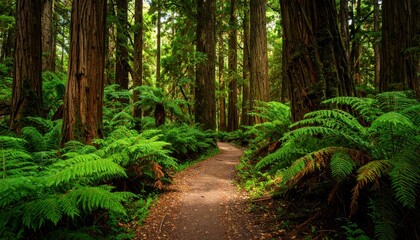 Obraz premium Serene Pathway Through Dense Forest of Ancient Lush Giants and Ferns