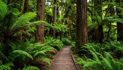 Obraz premium Serene Pathway Through Lush Forest of Giant Ferns and Ancient Trees