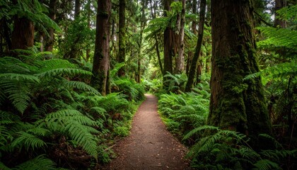 Fototapeta premium Serene Pathway Through Dense Forest of Giant Ferns and Ancient Trees