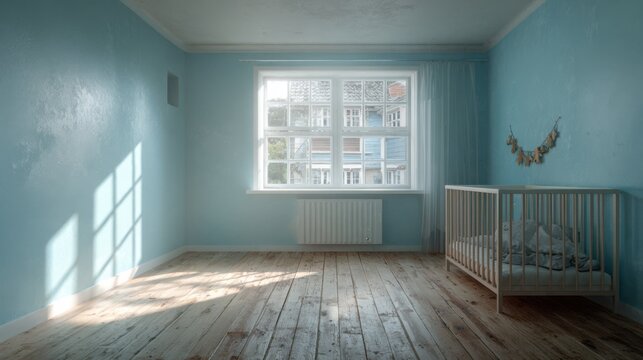 Empty nursery room with pastel blue walls, white wooden floor, and sunlight spilling through a small window, simple and serene vibe