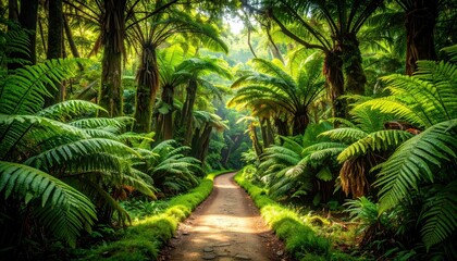 Pathway Through a Dense Forest of Giant Ferns Creating a Prehistoric Feel