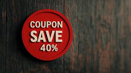 A red circular coupon with "SAVE 40%" text on a wooden background, emphasizing a discount or promotional offer.