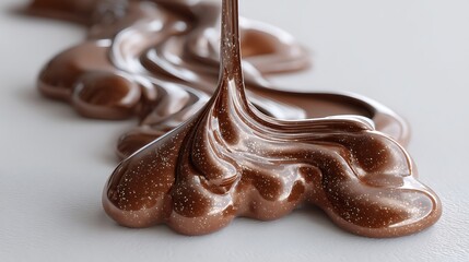 Close-up of silky melted chocolate, glistening with a glossy sheen as it slowly pools on a pristine white surface, inviting indulgence.