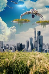 Sustainable Cityscape with Flying Gardens & Field, Futuristic Vision