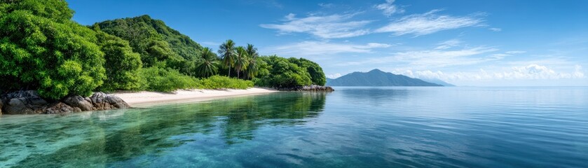 Obraz premium A serene tropical beach with clear blue water, lush green trees, and distant mountains under a bright blue sky with scattered clouds.