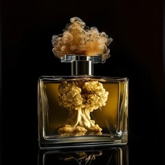 Perfume bottle containing explosion simulation in liquid and smoke.