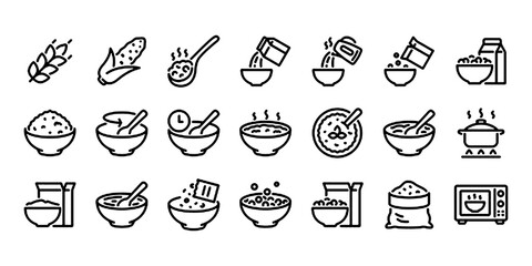 Breakfast, oatmeal and cereals editable stroke outline icons set isolated on white background flat vector illustration.