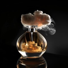 Elegant bottle with a cloudy essence against a dark reflective background