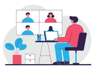 Remote Team Collaboration Man on Video Call with Colleagues from Home Office