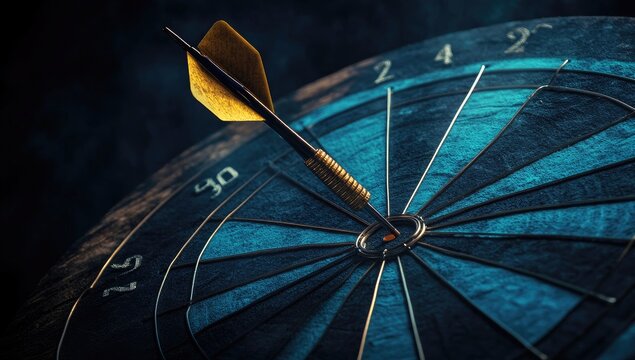 Close-up of a dark blue dartboard with a gold-tipped dart lodged in the bullseye