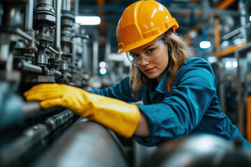 Woman in hard hat and safety glasses working on machine, focused and skilled in industrial setting.