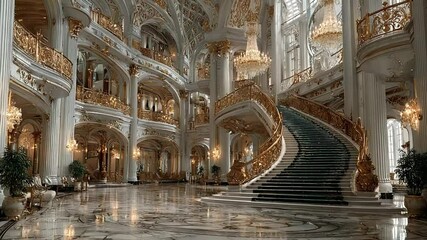 Opulent Palace Interior with Grand Staircase and Marble Flooring, Luxury Design - Powered by Adobe