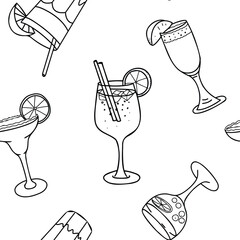 Cocktails Seamless pattern. Aperol Spritz, Margarita, Bellini, Tequila Sunrise and Sangria. Hand drawn graphic Vector illustration in Doodle style.
