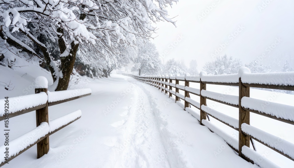 Poster pathway through dense snowstorm creating whiteout conditions